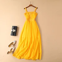Высокое качество новейшая мода дизайнерское подиумное платье женские длинные рукава сетчатая ткань вышивка до середины икры платье - Цвет: Цвет: желтый