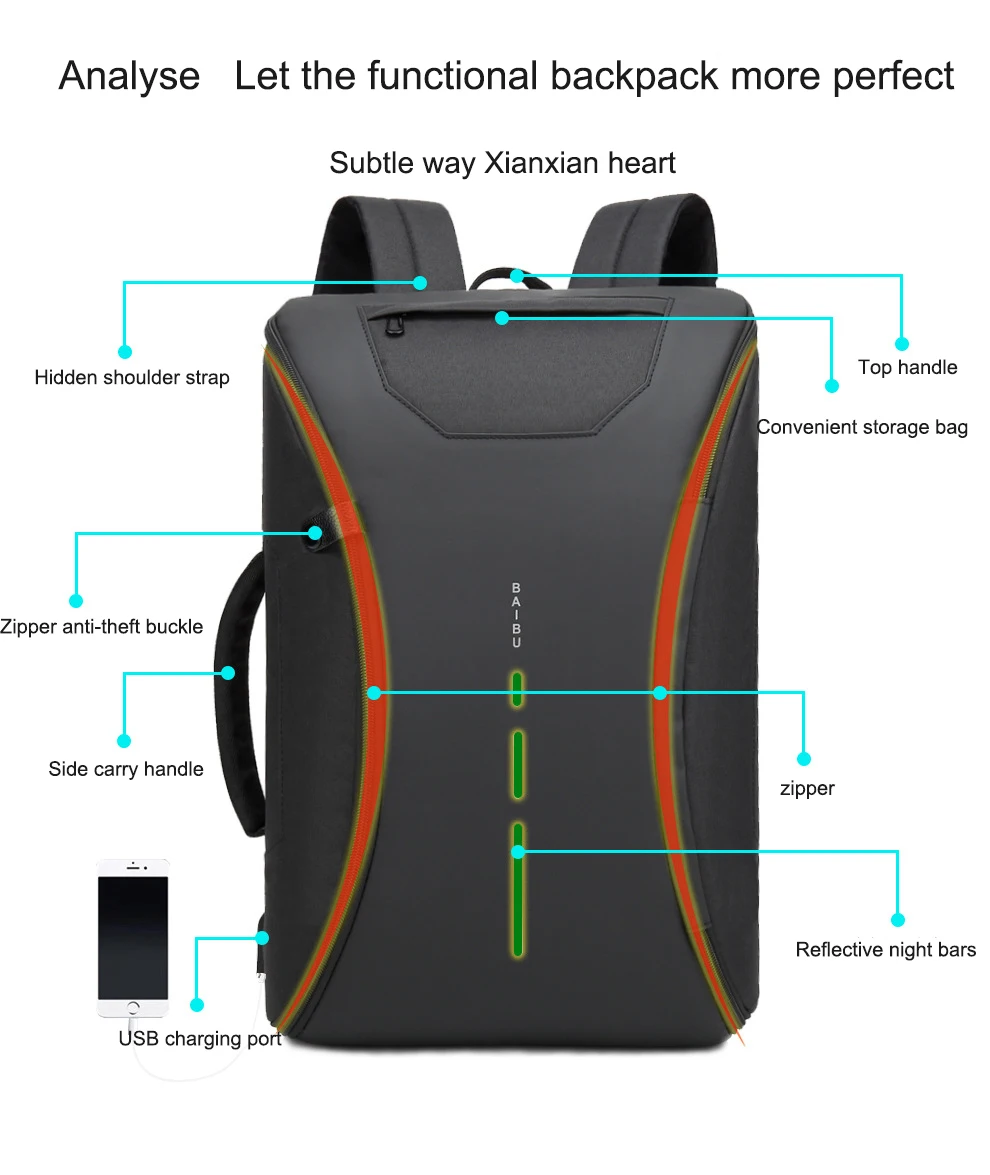 com carregador USB, mochilas casuais fashion unissex