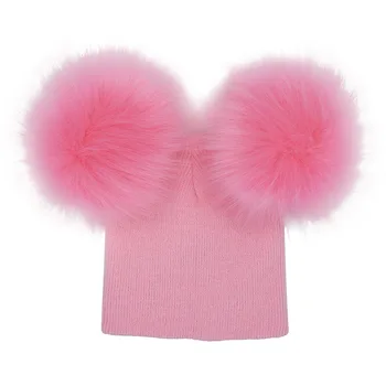 

Kids Warm Crochet Hats Toddler Knitted Beanie with 2 Plush Fur Balls Children Pom Poms Cap 7colors