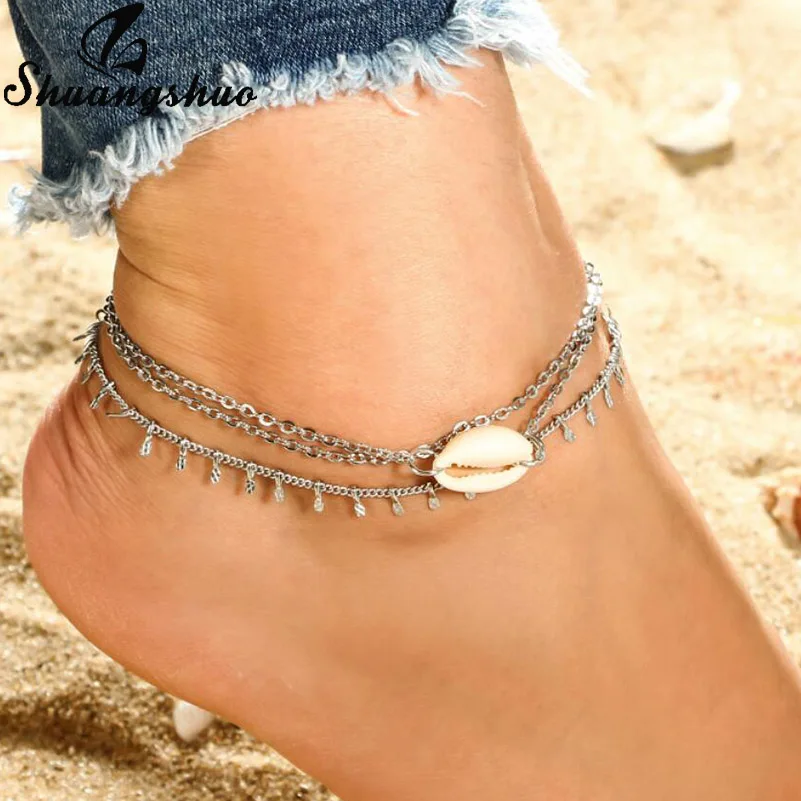 

Shuangshuo Beach Shells Bracelets Anklets Women Multi Layer Link Chain Leg Ankle Jewelry Gift Barefoot Seashell Ankle cavigliera