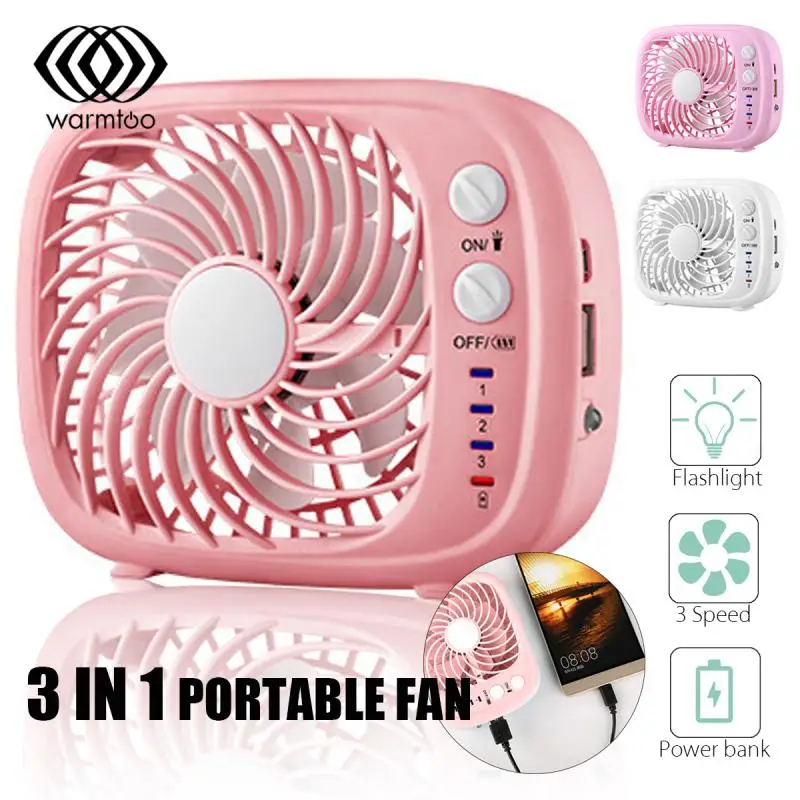 

warmtoo Mini Portable USB Electric Fan Cooler Rechargeable Battery Power Bank Flashlight For Office Home