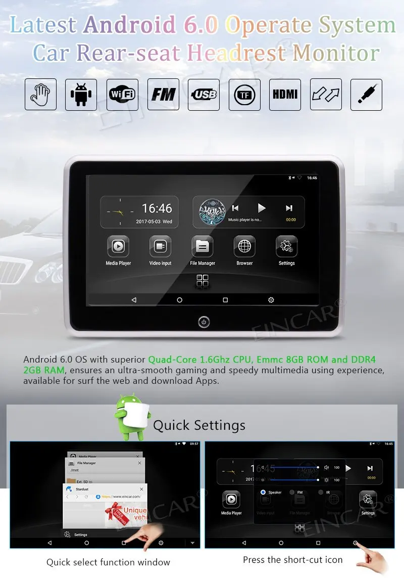 Sale 10.1 Inch TFT LCD Wide Digital Screen Car Headrest Player Quad-Core Android 6.0 Multimedia Entertainment System headrest Monitor 3