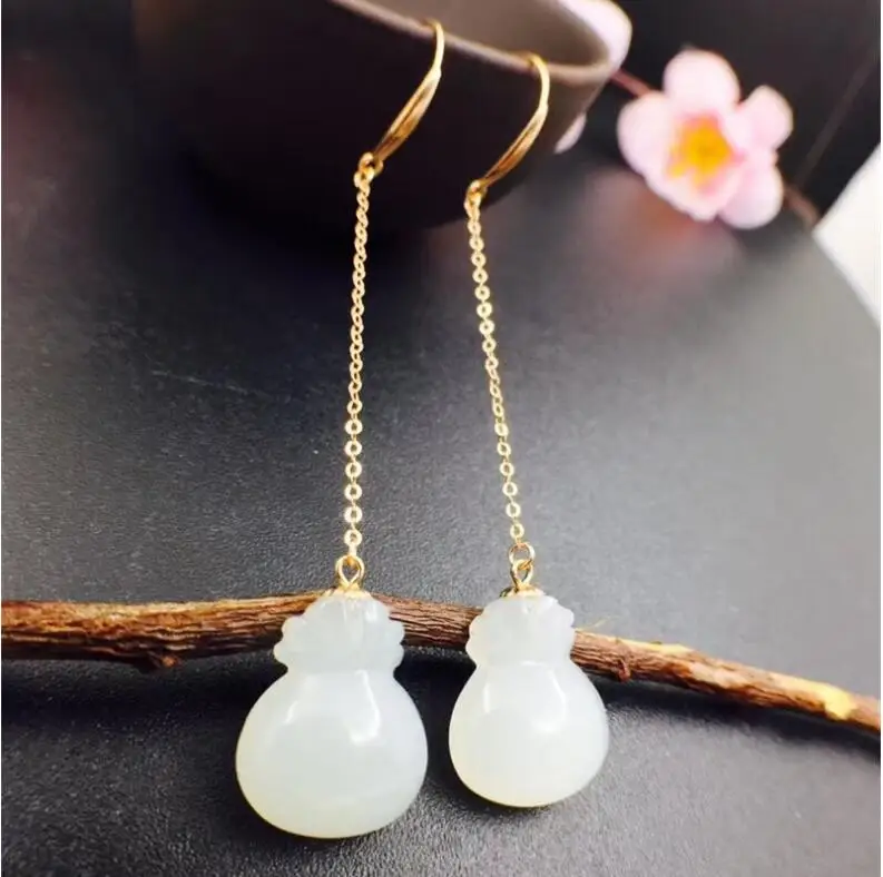 

18K Gold Natural Hetian White Jasper Earring Wedding Earring Jewelry Natural real Hetian Jasper 18K Gold Earring