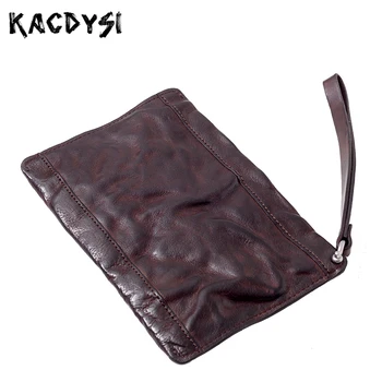 

Real Leather Vintage Men Wallets Wrinkle Hand Colored Large Day Clutches Multifunctional Zipper Purse Wallet Card Case Wristlets