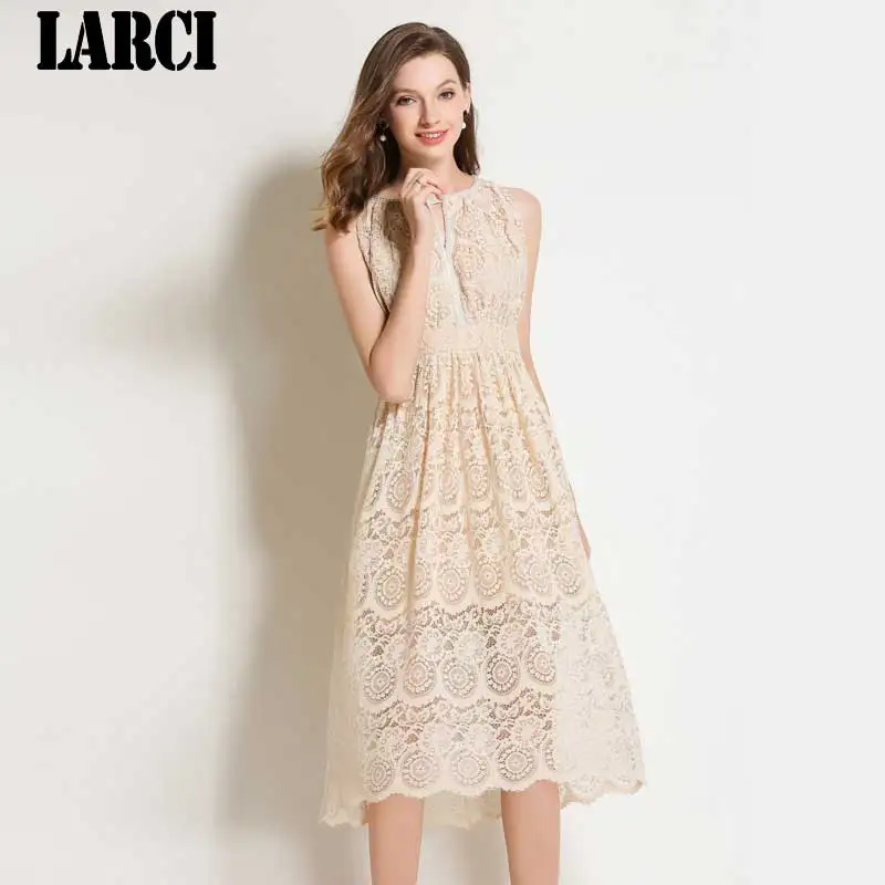 

LARCI Lace Midi Dress New Fashion 2018 Vestidos Women Sleeveless Beading Hollow Out Ladies Vest Slim Party Dress N6212
