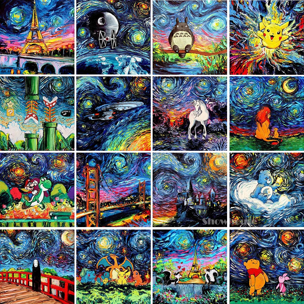

DIY 5D diamond painting full drill Cartoon van gogh The Starry Night Full Square diamant painting Tower Winnie the Pooh Totoro