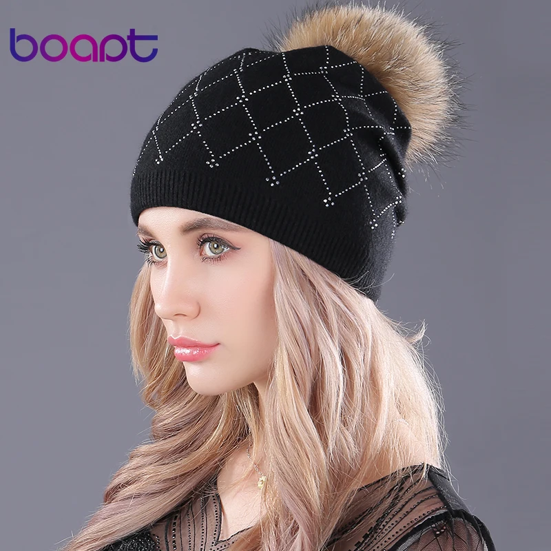 

[boapt] rhinestones soft wool knitting caps raccoon fur fluffy pompon casual female winter skullies beanies hat for women's hats