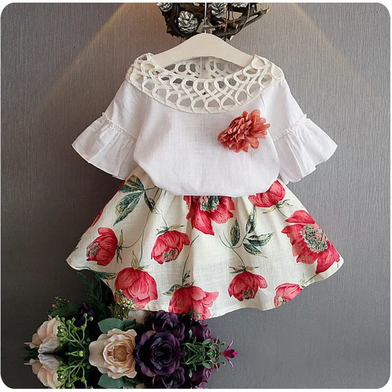 

2018 Summer Girl Fashion Group Of Children Flowers T-Shirt+Short Skirt Suit Girl Clothing 3 4 5 6 7 8 Year Children Clothing Set
