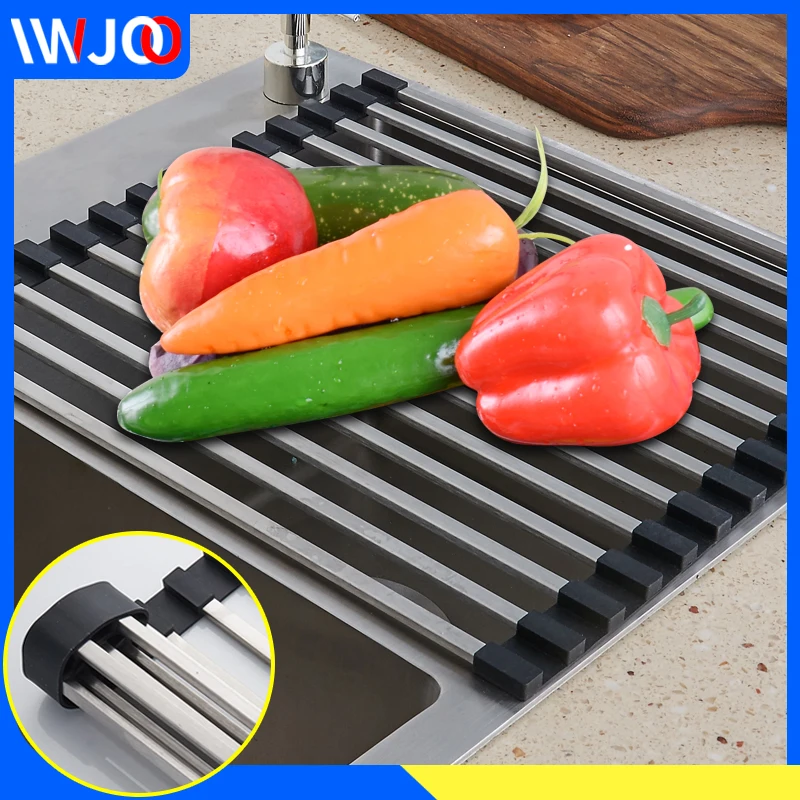 

Kitchen Dish Rack Organizer Stainless Steel Dish Drying Tray Foldable Over Sink Fruit Vegetable Bowl Drainer Storage Holder Rack