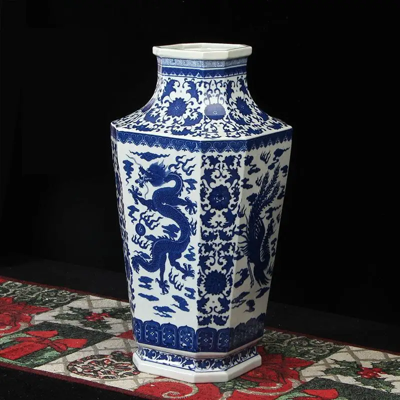 

Jingdezhen Ceramics Dragon And Phoenix Blue And White Porcelain Chinese Style Ornaments Vase Chinese Style Antique vase decor