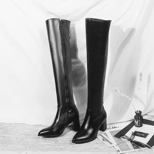 Новинка года; модные женские сапоги до бедра; зимние сапоги из искусственной кожи со складками; Женская пикантная обувь для вечеринок на высоком каблуке; zapatos de mujer - Цвет: 1   black