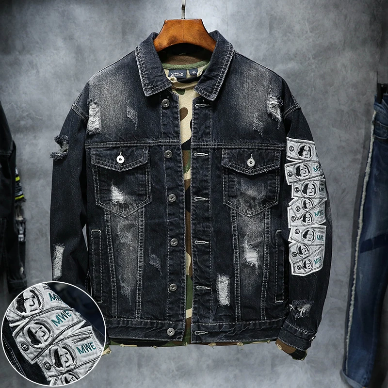 

Denim Jacket Men Spring Vintage Hole Embroidered Fashion Men's Cowboy Coat Hip-Hop Tide Brand Streetwear