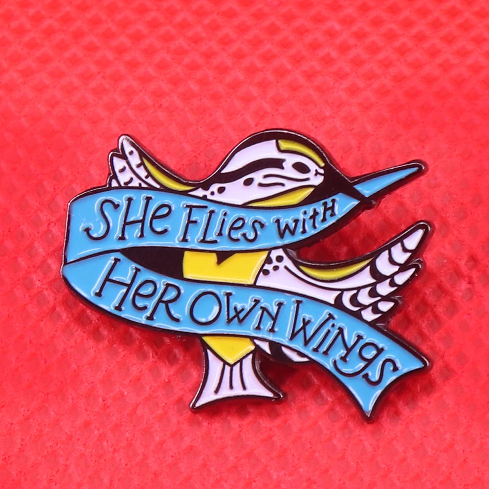 

She flies with her own wings pin feminist brooch flying bird badge girl power pins animal jewelry Oregon motto flair gifts women