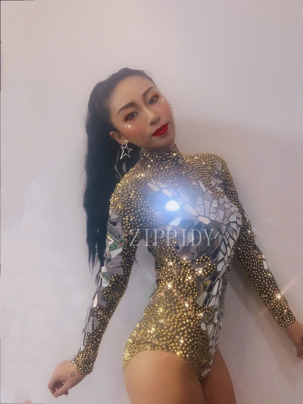 Feminina com Espelhos e Strass Festa de Aniversário Roupa Dourados Body Sexy Formatura Comemoração Festa dj Cantoras Roupas 13 High Quality Moda Feminina