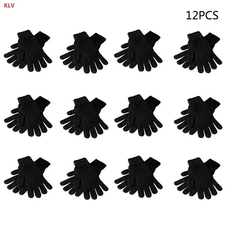 KLV 12 пар черный Магия Прихватки для мангала взрослых детей полный пять пальцев эластичный вязаный зимние теплые одноцветны