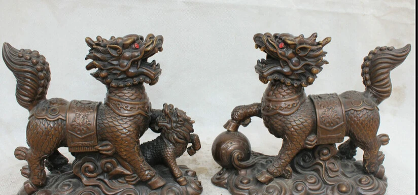 

JP S0524 9" China Chinese Bronze Feng Shui Folk Kylin Chi-lin Qilin Statue sculpture Pair