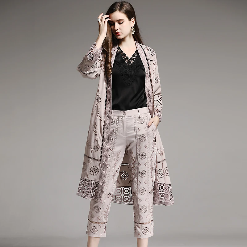 Одежда высшего качества дизайнерские женские комплект костюмы осень весна леди изысканный ручной работы Вышивка Винтаж длинное пальто