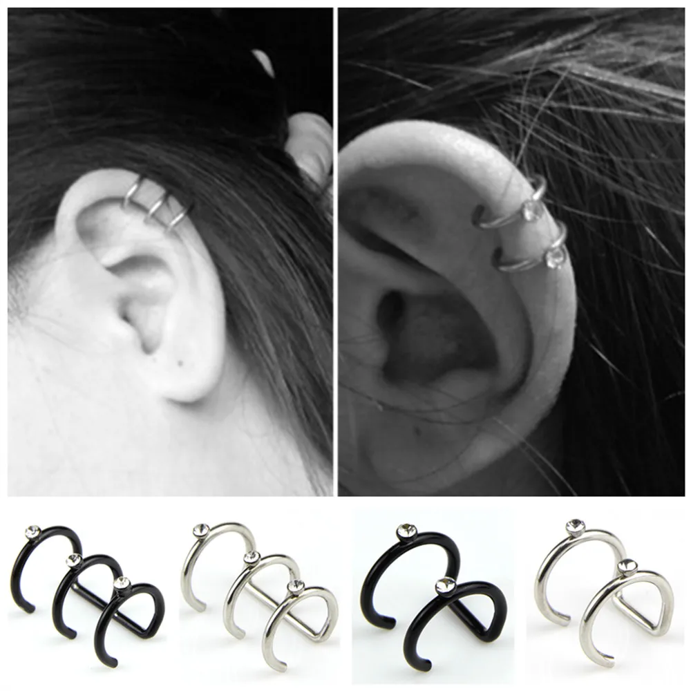 

1 PC Punk Stainless Steel Earless Ear Clips Inlay Rhinestone Double C U-shaped Cartilage Cuff Wrap Earrings Fashion Jewelry