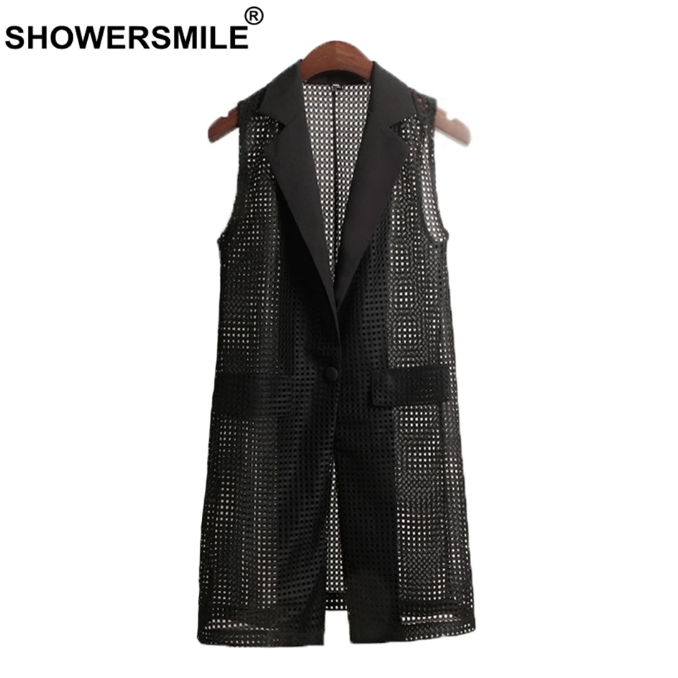 SHOWERSMILE Women Long Black Waistcoat Plain Hollow Out Vest Ladies Korean Style Solid Loose Female Summer Outerwear Jackets New