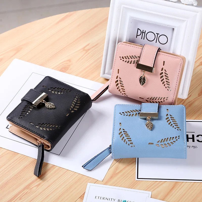 

Fashion PU Leather Female Wallet Short Hollow Out Leaf Pattern Women Wallets Pink Green Black Gray Ladies Wallets And Purses