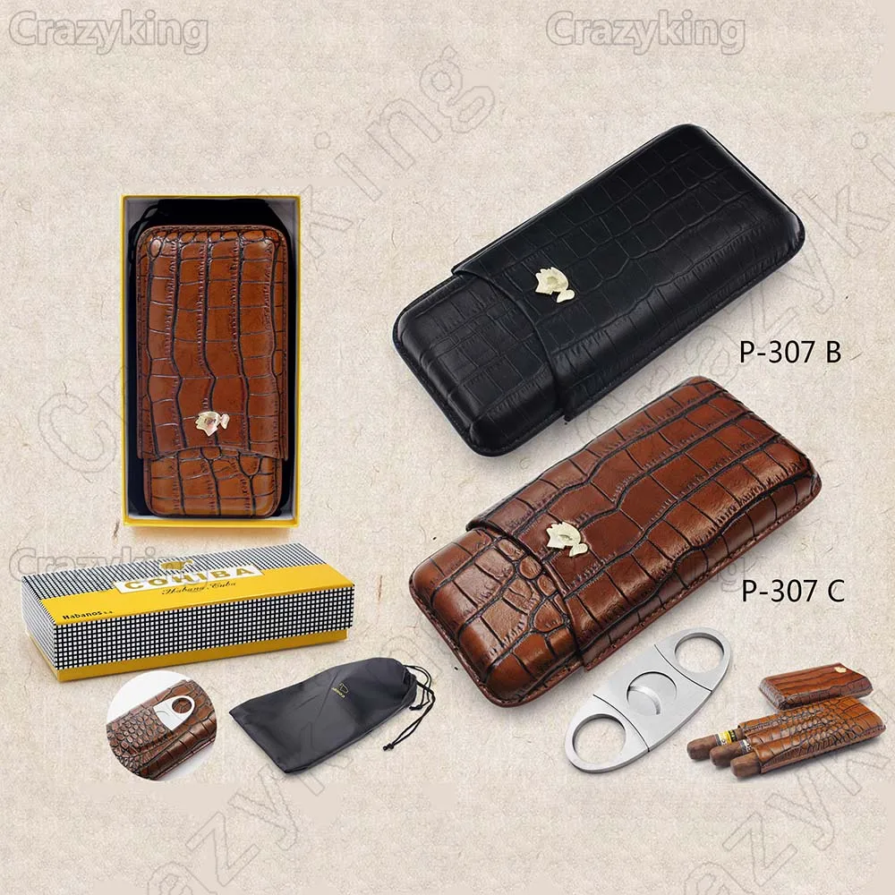 Cohiba Leather Travel Cigar Case Holder 3 Tube Humidor With Cutter Set