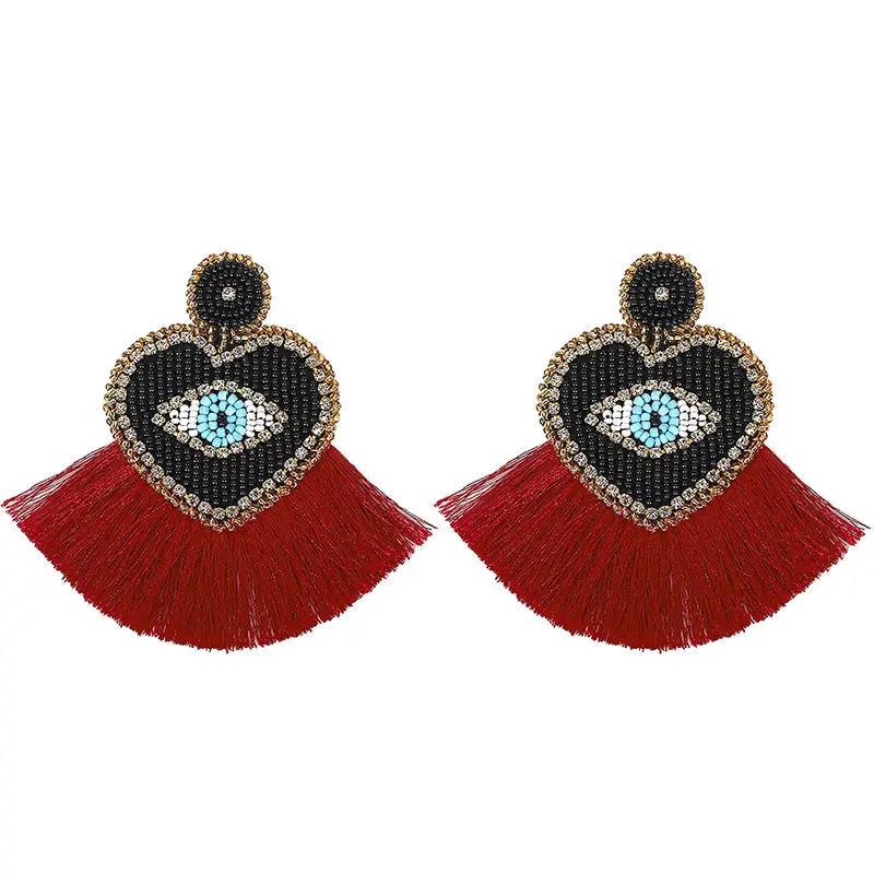 Ethnic Beaded Heart Eye shape Tassel Statement Earrings Jewelry Bohemian Vintage Chic Birthday Gift Drop Earring for Women