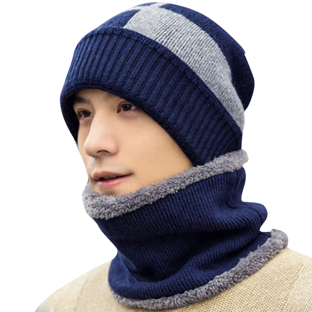 ZEBERY Для мужчин хлопок Вязание шапка + шарф Высокое качество Теплый плюш лайнер шляпа зима из теплый шарф
