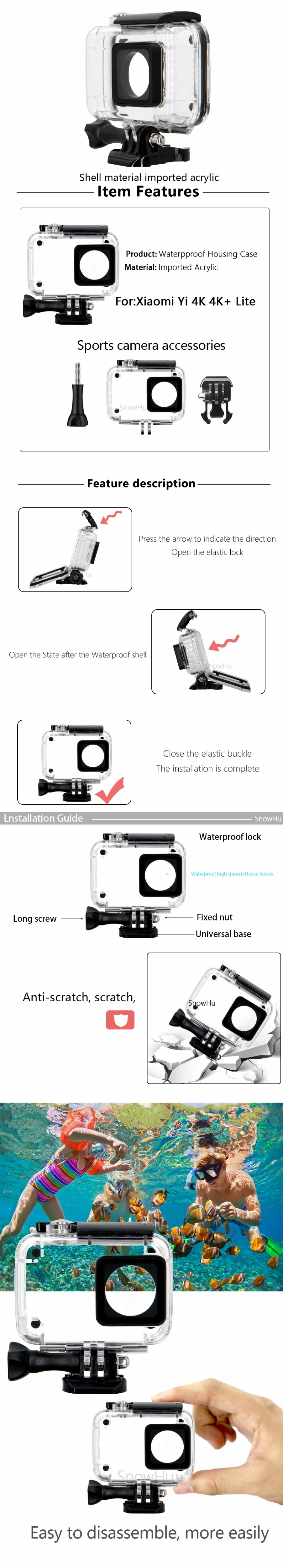 SnowHu для Xiaomi Yi набор аксессуаров 45 м для дайвинга спортивная водонепроницаемая коробка монопод крепление для xiaoYi 4K 4k+ Lite Экшн-камера GS27