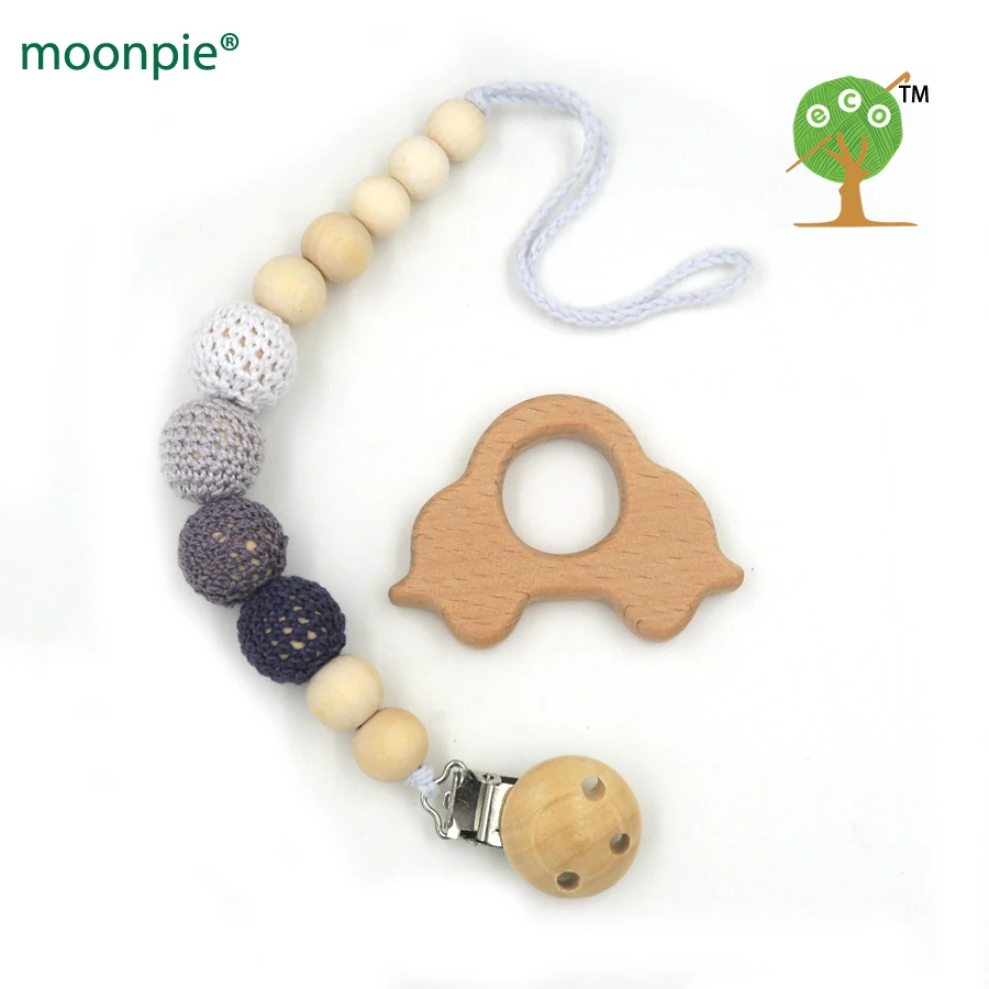 natural pacifier clip dummy holder safe wooden crochet beads shade of grey tone beech car teether set baby boy gift box NT172