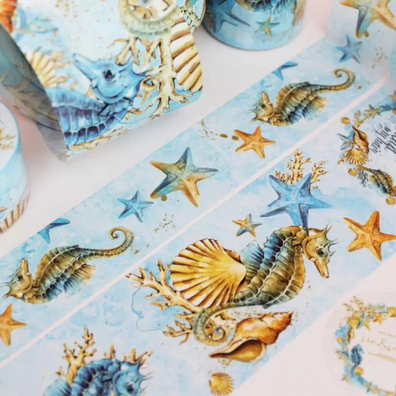 

1 Pcs hot Sea Horse hippocampus Animals Starfish Gold Foil Washi Tape Adhesive Tape Masking Tape Label Sticker Stationery