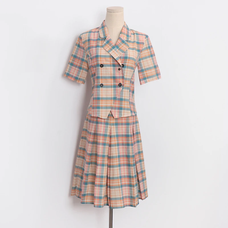 

PERHAPS U women plaid two pieces set notch collar short sleeve double-breasted empire knee length skirt T0141