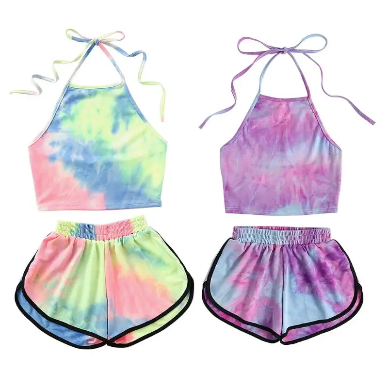 

Womens Sexy Summer Two Piece Set Tie-Dye Gradient Colored Printed Halter Backless Crop Top Wide Leg Shorts Pants Suit Beachwear