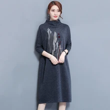 Весна осень Vestido Новое вязаное свободное платье большого размера женские платья с вышивкой зимнее длинное женское элегантное вечернее платье 422