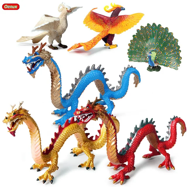 Oenux Original Simulation Chinese Dragon Phoenix Red Peacock Action