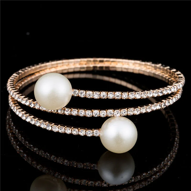 

Classic Simple Double Pearl Bangles Women Zircon Inlaid Adjustable Gold Silver Bracelets&Bangles Fashion Simple Jewelry Wedding