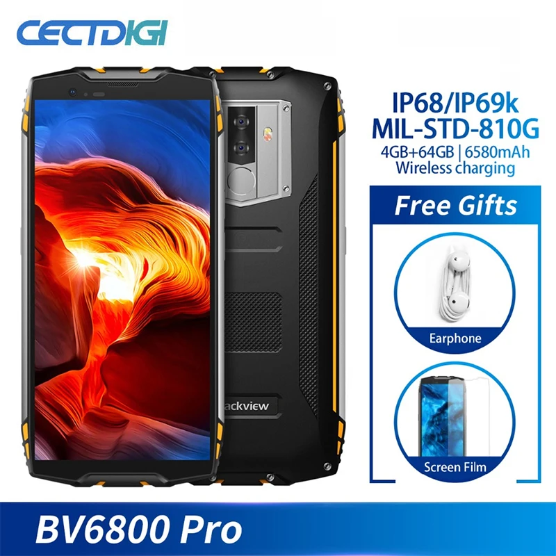 Смартфон Blackview BV6800 Pro IP68 IP69K Face ID 5," FHD 4 Гб+ 64 Гб 16,0 Мп мобильный телефон Восьмиядерный Android 8,0 NFC 4G мобильный телефон