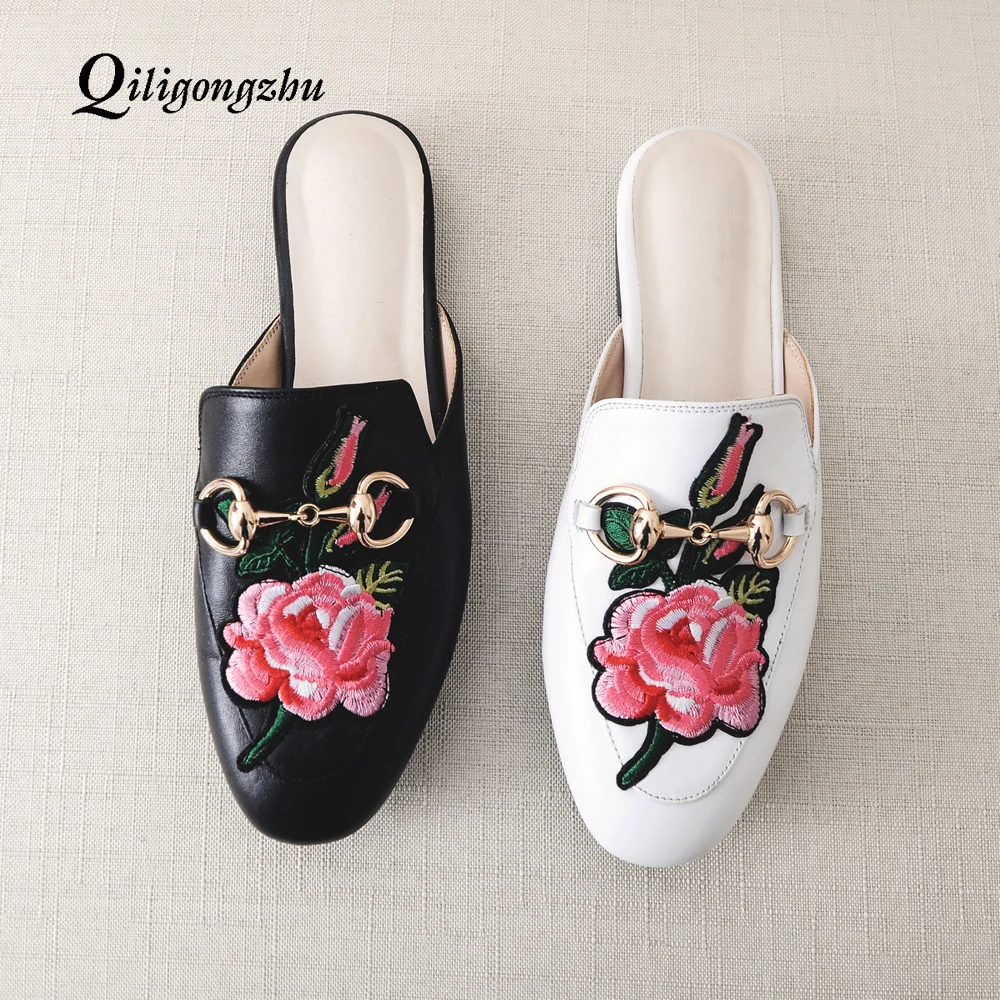 

2019 Spring Genuine Leather Embroidery Mules Summer Women Floral Slides Round Toe Flats Slippers Female Mules Loafers Shoes