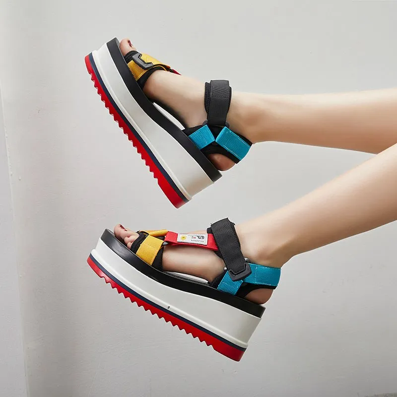 JOJONUNU Women Chunky Sandals Mixed Color Nylon Sneaker Sandals Casual Thick Bottom Platform Outdoor Shoes Women Size 35-39