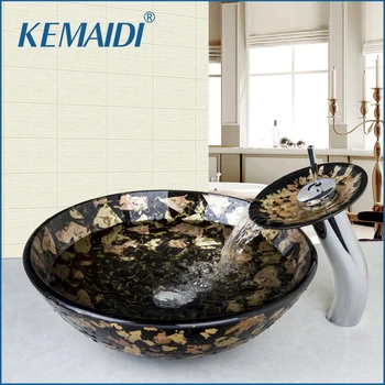 

KEMAIDI Europe Design Wash basin Tempered Glass Hand-Painted Bowl Tap Lavatory Bathroom Sink Bath Brass Faucets Mixer Tap Set