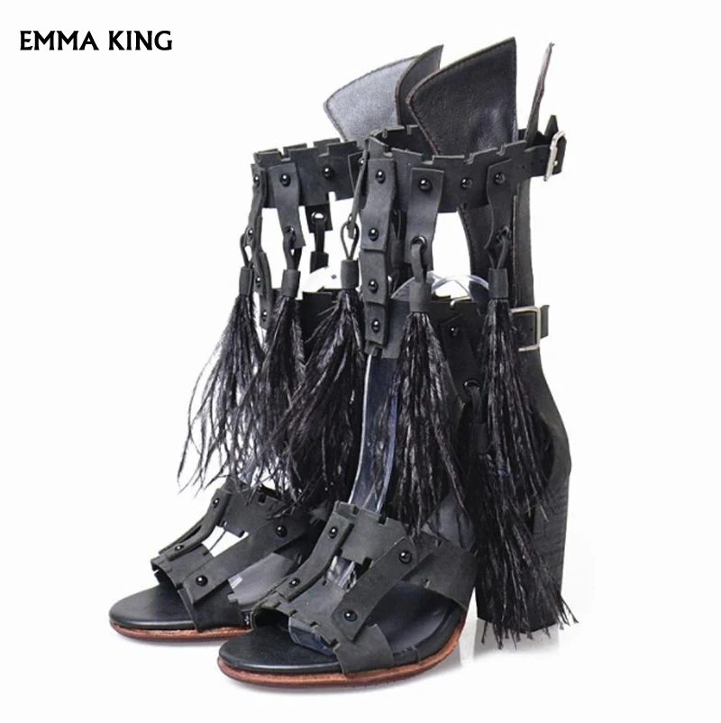 

2019 NEW Fashion Summer Gladiator Sandals Tassels Feather Decor High Heel Sandals Women Rivets Sandalias Plus Size Shoes Woman