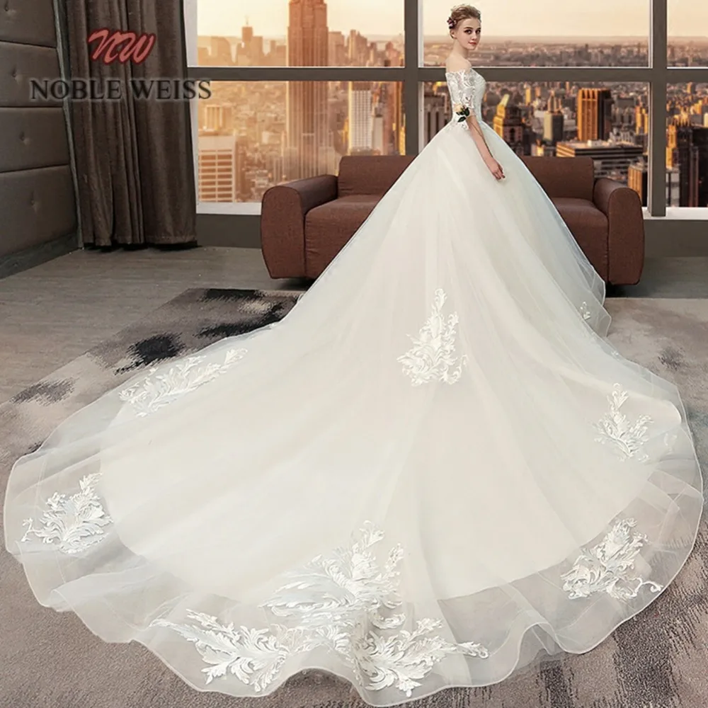 

SHAMAI Bride Dress Elegant Wedding Gowns Appliques Vestidos Novia Court Train Wedding Dress With Short Sleeves Free Shipping