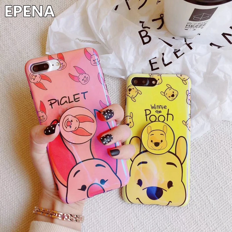 

Cute Winnie Pooh Piglet Case For iPhone XS Max XR X 6 6S 7 8 Plus Blue Light Holder Ring Stand For Samsung S9 S8 Plus Note 8 9