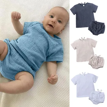 

Infant Toddler Kids Baby Boys Girls Flax linen Clothes Casual Sleeve Short T-Shirt Shorts Sleep Outfit Sets 6 Months to 3 Years