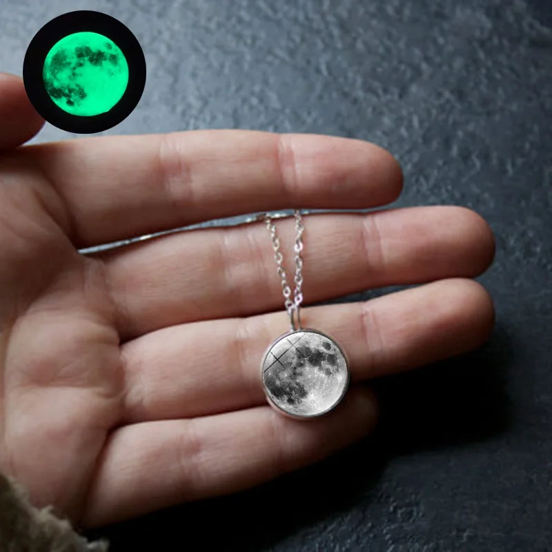 Glow In The Dark Moon Necklace 14mm Galaxy Planet Glass Cabochon Pendant Necklace Silver Chain Luminous Jewelry Women Gifts
