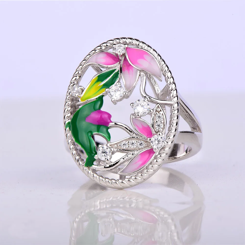 WindJune Hollow Flower Enamel Ring For Women 925 Sterling Silver Ring