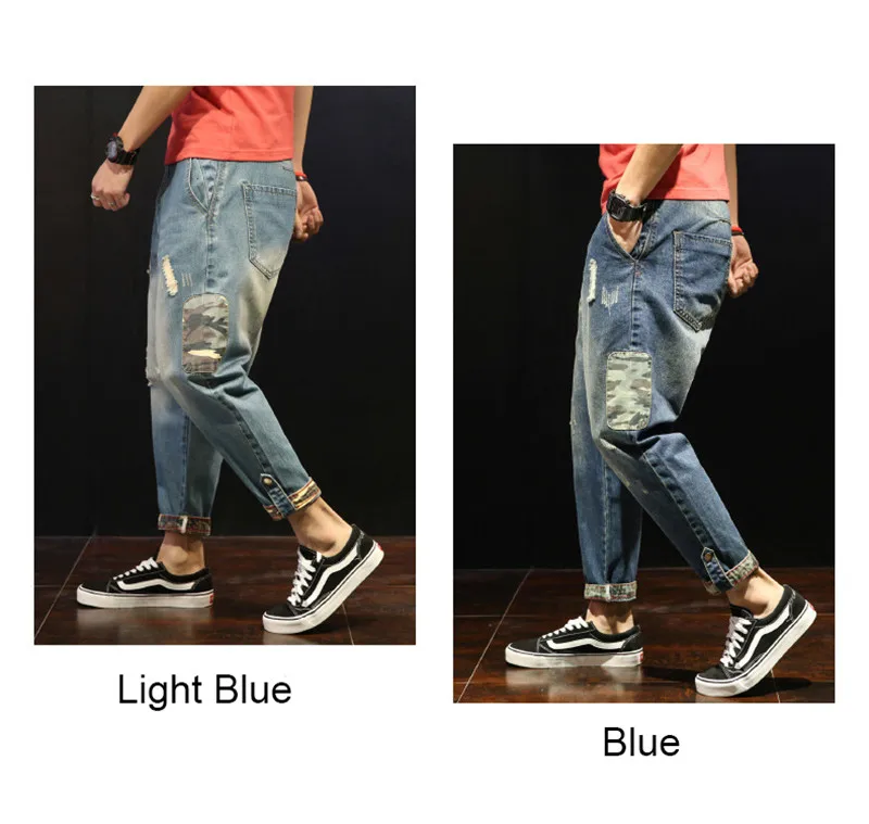 Fashion Patchwork Ripped Men\'s Jeans Boys Loose Casual Holes Ankle-Length Harem Pants Jeans Trousers Large Size (16)