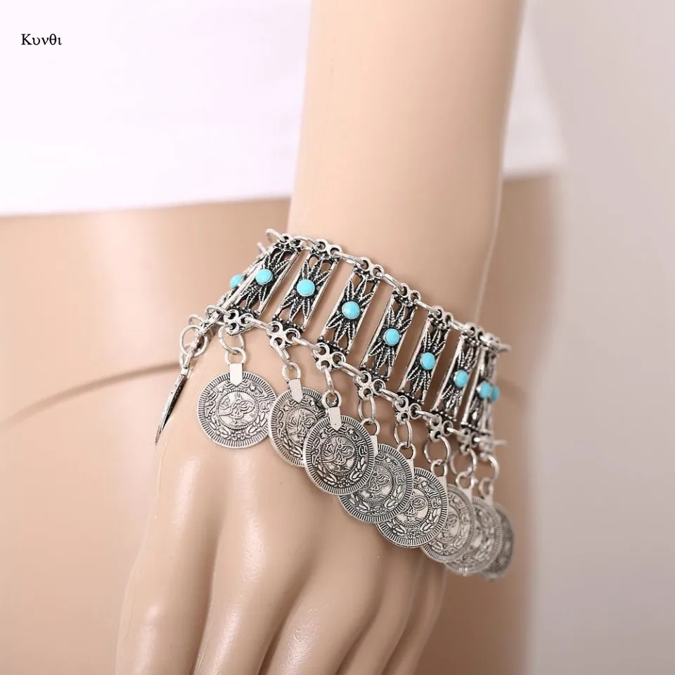 #*Cheap Vintage Silver Bohemian Bracelets Round Metal Pendant Tassel Adjustable Nepal Chain Bracelets for Women