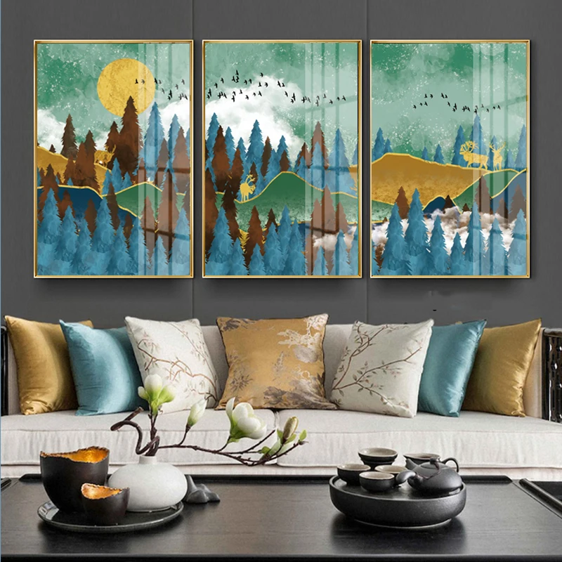 

Abstract Canvas Painting Multicolor Geometric Mountain Forest Animal Deer Poster Modern Nordic Wall Art Picture Home Decor Art