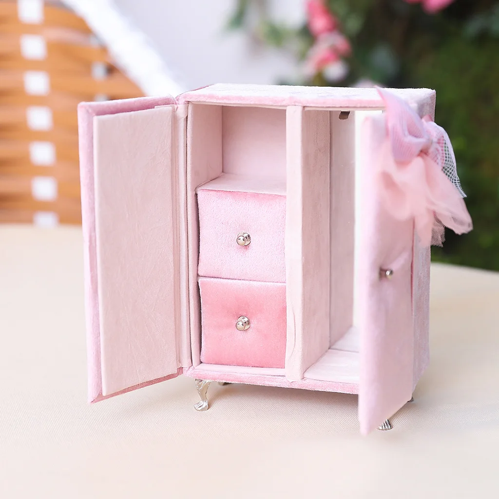 Multifunctional Pink Closet Shape Jewelry Box Bracelet Ring Display Organizer Holder with Built-in Makeup Mirror for Earring