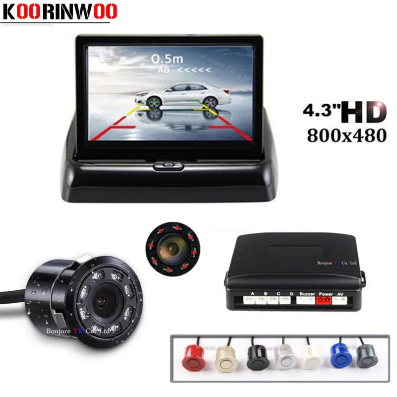 

Koorinwoo Car Parking Sensors Speaker Connect Rear view Camera Back up Cam Distance 4.3 Inch Foldable Screen Mirror Monitor Kit